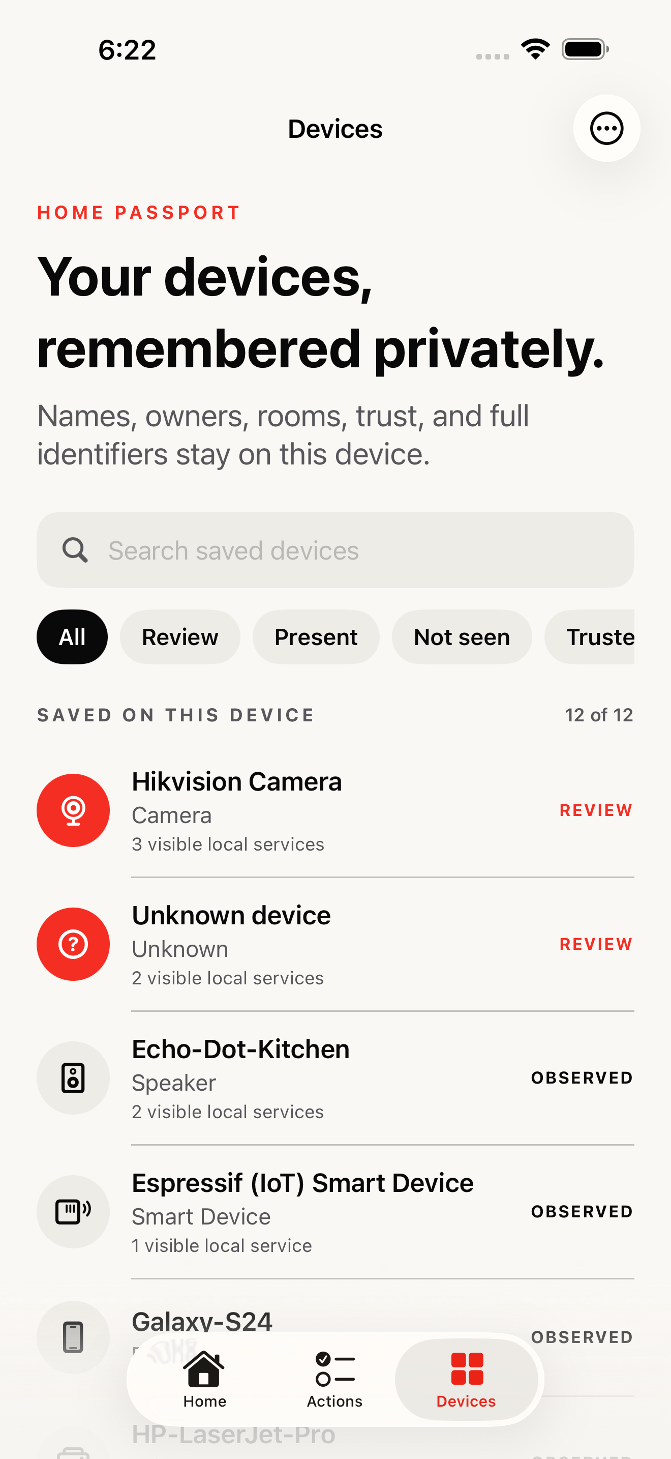 Detriment Home Passport showing saved devices and their review status
