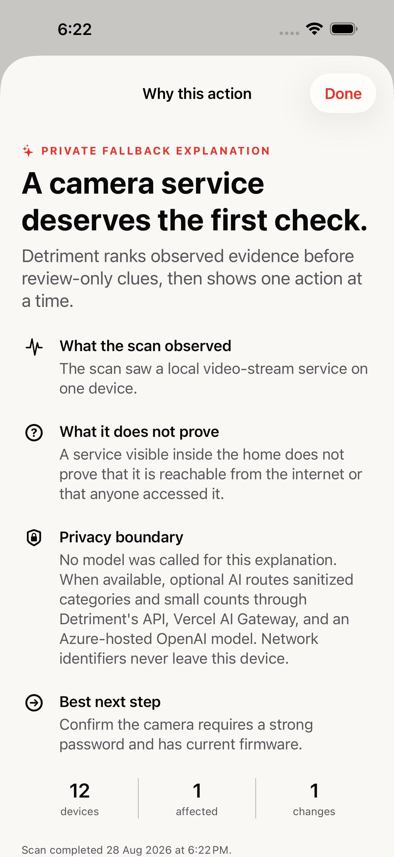 Detriment private fallback explanation showing observed evidence, uncertainty, privacy boundary, and next step